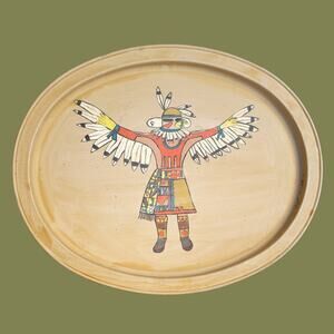 Vintage 1960s Hand-Painted Brass Tray with Pueblo Indian Style Art